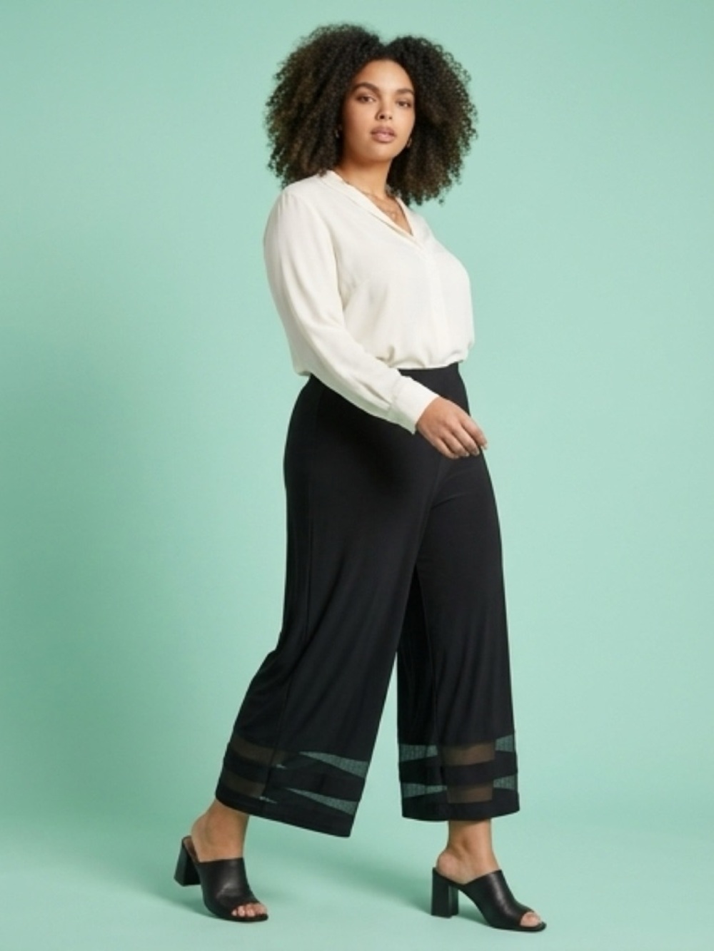 Nine West Black Wide-Leg Pants with Mesh Hem